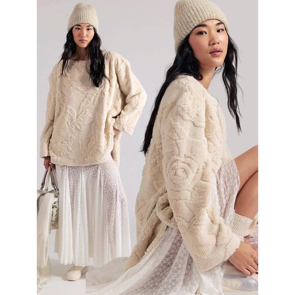 Free People Tops - Free People Oversized Romantic Calla Sherpa Pullover Ivory Floral Medium NWT
